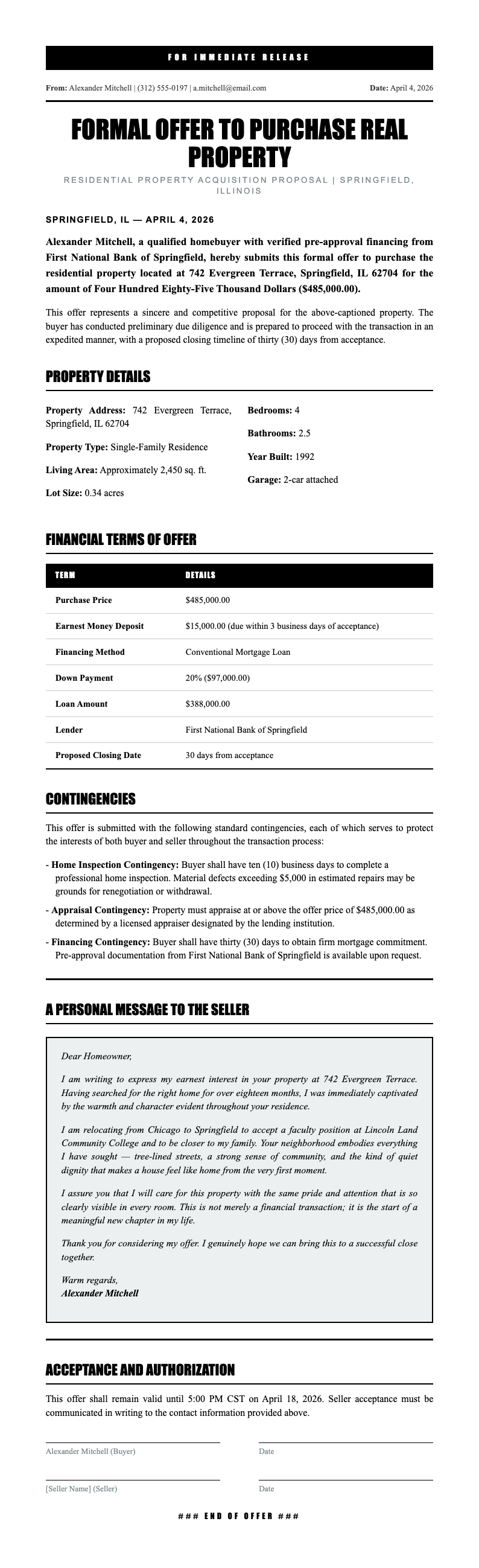 Press release house offer letter